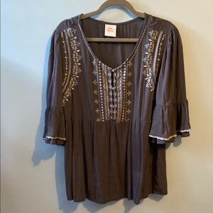 BOHO Grey & White Embroidered Blouse with 3/4 Sleeves by KNOX ROSE M/L EUC
